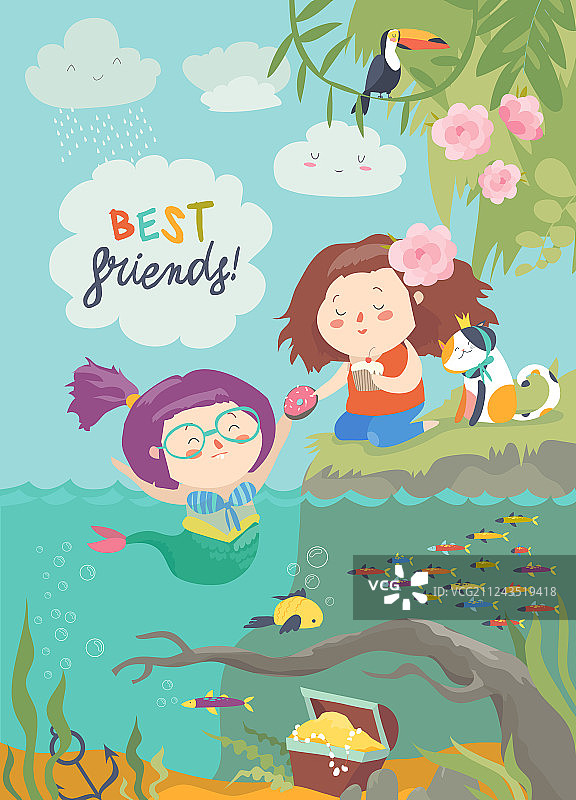 可爱的美人鱼和女孩是最好的朋友图片素材