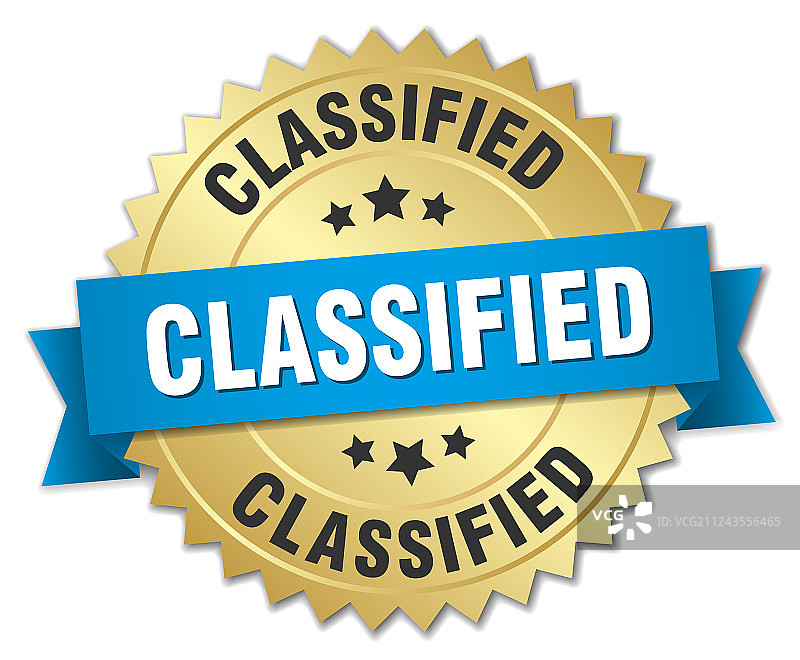 带蓝色丝带的3D金色机密徽章图片素材