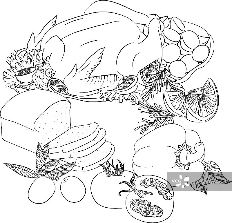 线条艺术：炸鸡和蔬菜图片素材