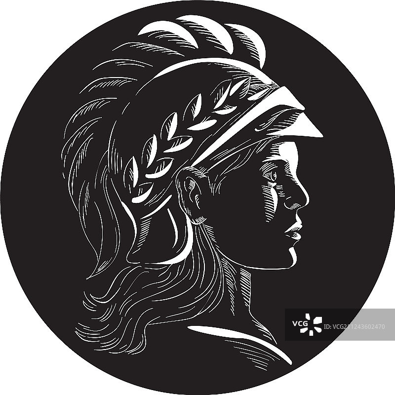 密涅瓦头像侧面椭圆形木刻图片素材