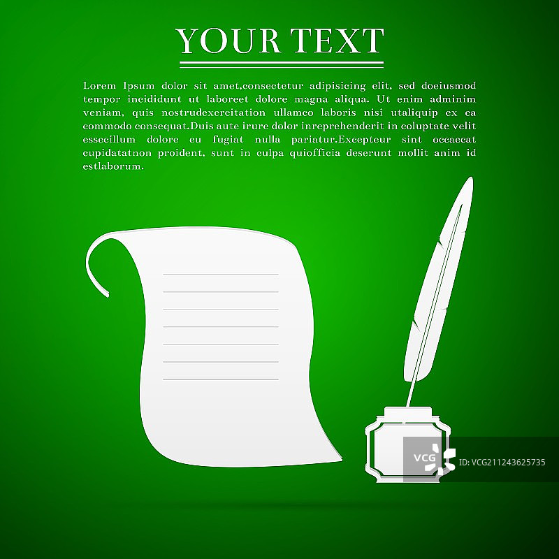 带墨水瓶和纸卷的羽毛笔扁平图标图片素材