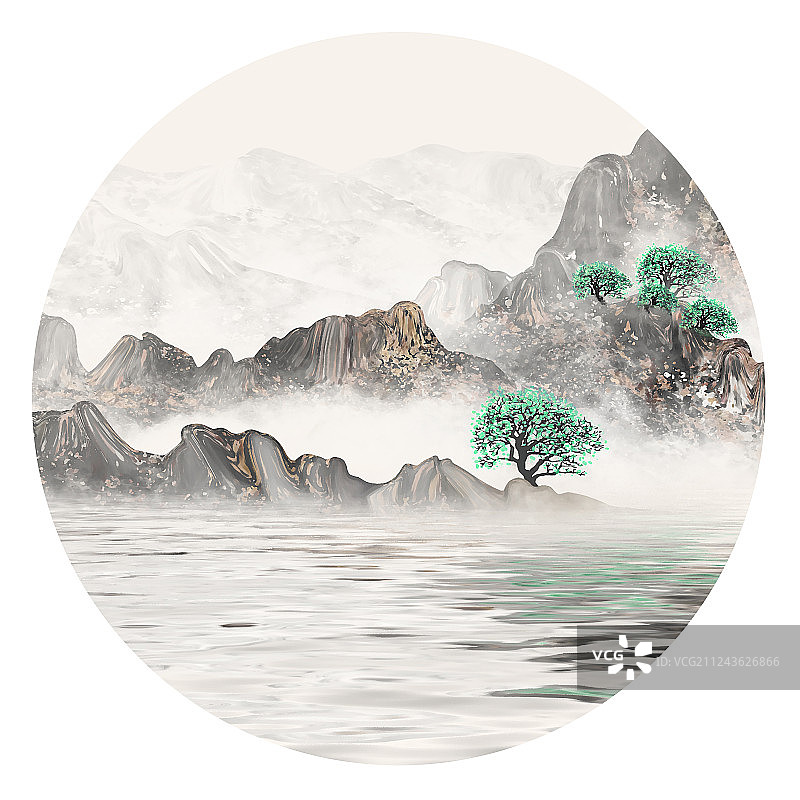 手绘中国风意境水墨山水画图片素材