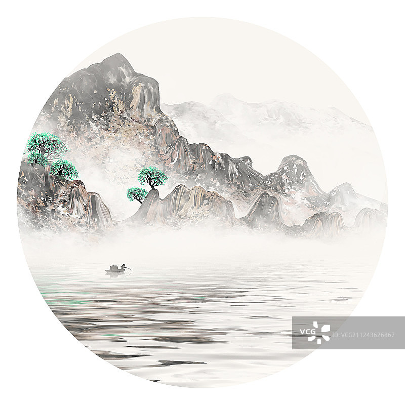 手绘中国风意境水墨山水画图片素材