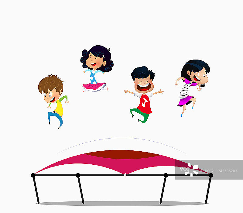 卡通儿童在蹦床上跳跃图片素材