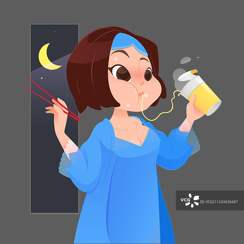 身穿蓝色睡衣吃方便面的女人图片素材
