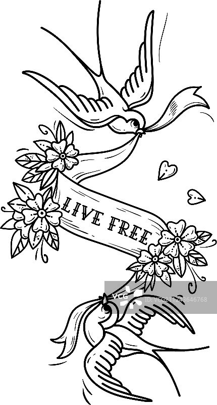 两只鸟飞着，带着花丝带图片素材