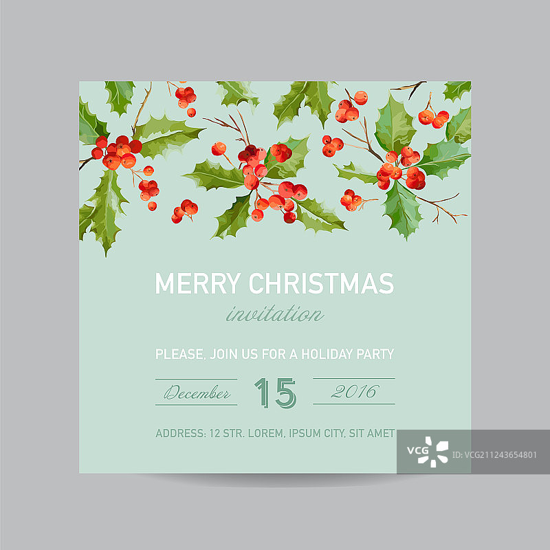 复古冬青浆果圣诞贺卡-冬季图片素材