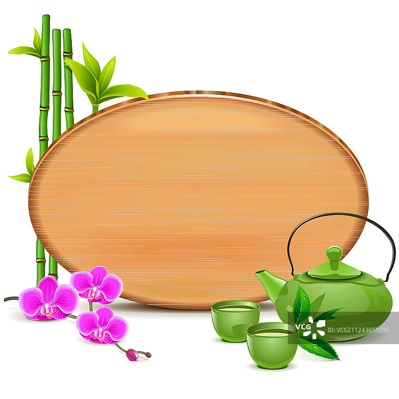 带有绿色茶壶的木板图片素材
