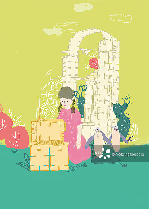 搭房子的小女生图片素材