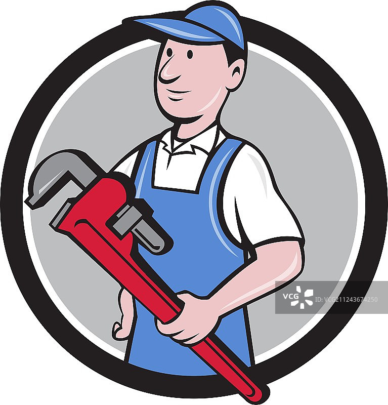 拿着管钳的修理工卡通形象图片素材