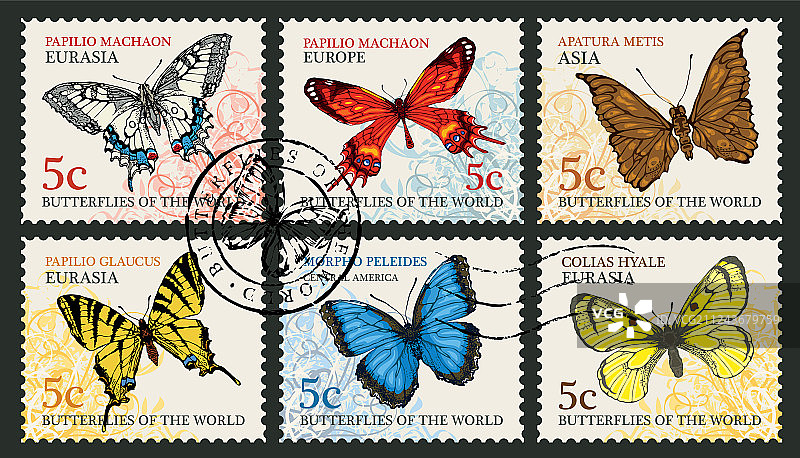 蝴蝶邮票套装图片素材