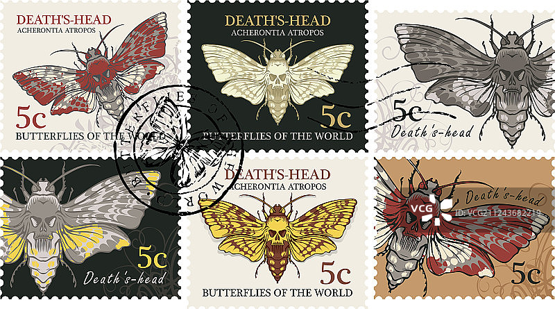 一组带骷髅蝶图案的邮票图片素材