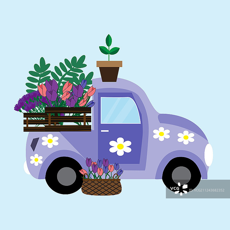 带有鲜花的紫色汽车图片素材