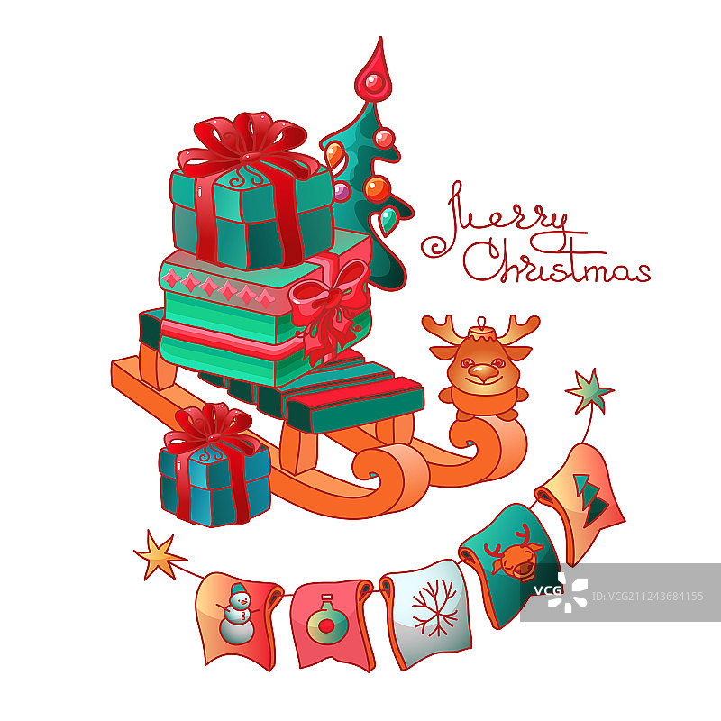 雪橇和圣诞玩具上的礼品盒图片素材