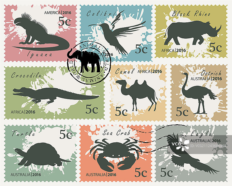 动物和鸟类邮票套装图片素材