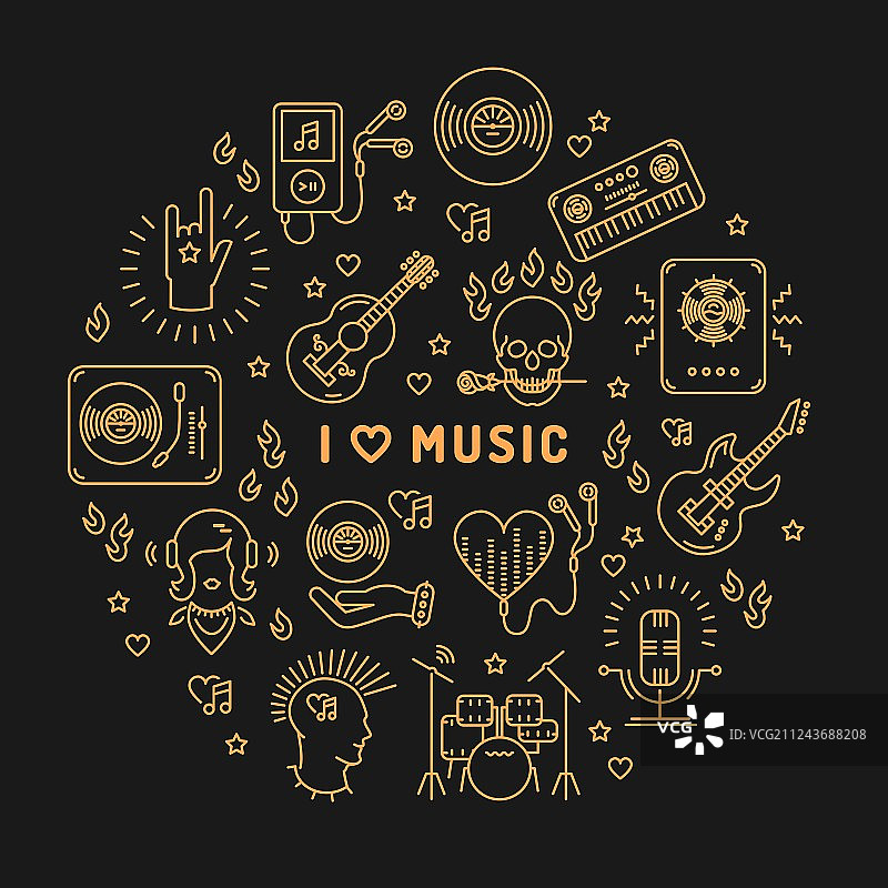 我爱音乐线条艺术图标，隔离圈图片素材