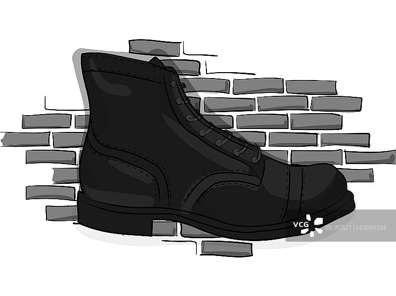 浅灰色砖墙背景上的黑色系带鞋图片素材