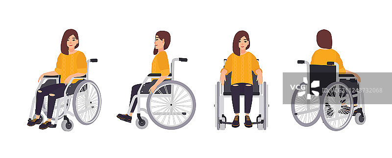 坐在轮椅上的年轻微笑女人，已隔离图片素材