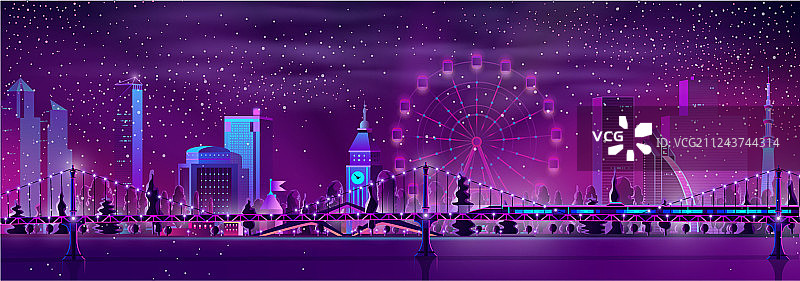 现代大都市夜景景观卡通图片素材