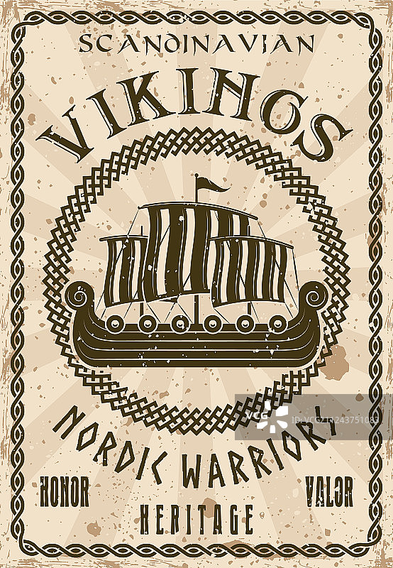 维京帆船或龙头船复古海报图片素材
