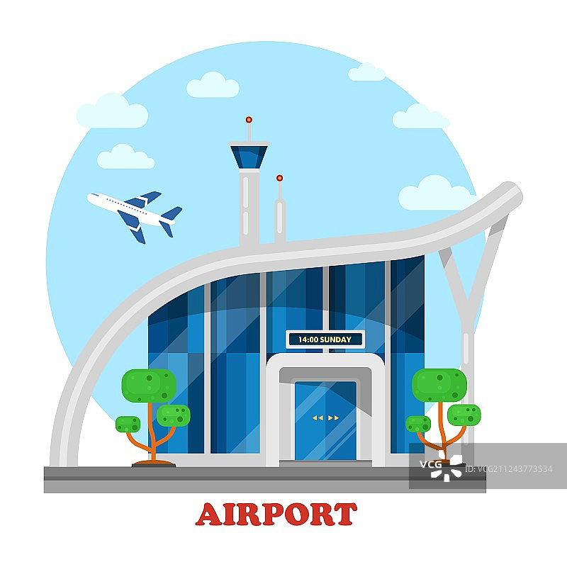 机场大楼与飞越塔楼的飞机图片素材