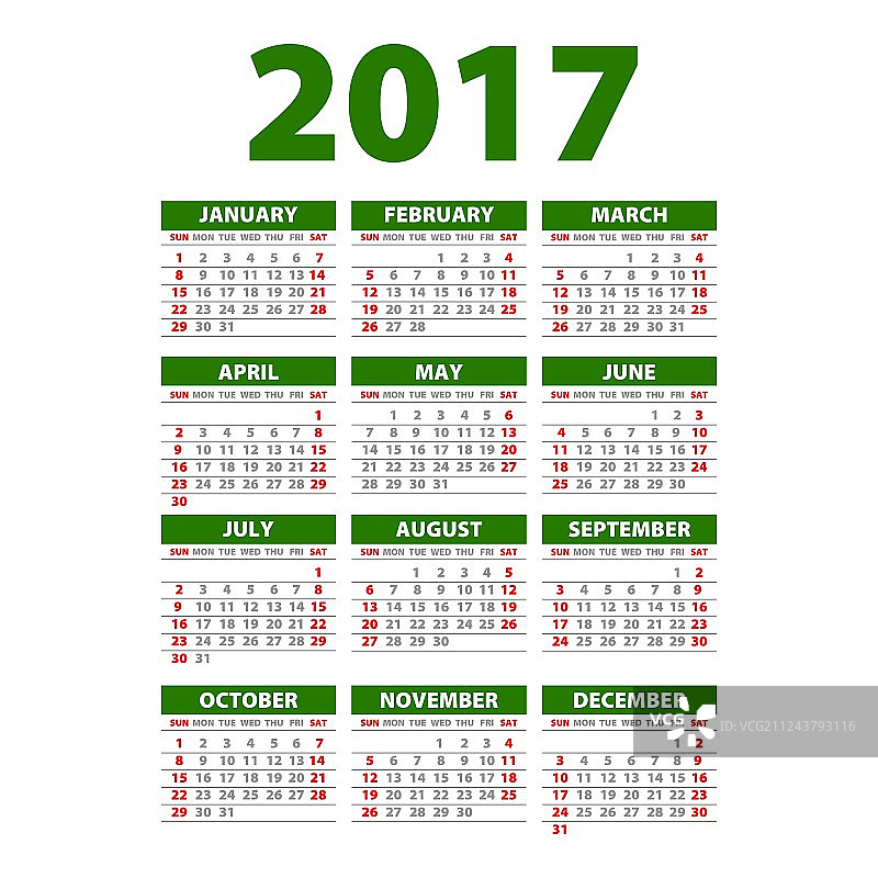 2017年日历（周一为起始日）图片素材
