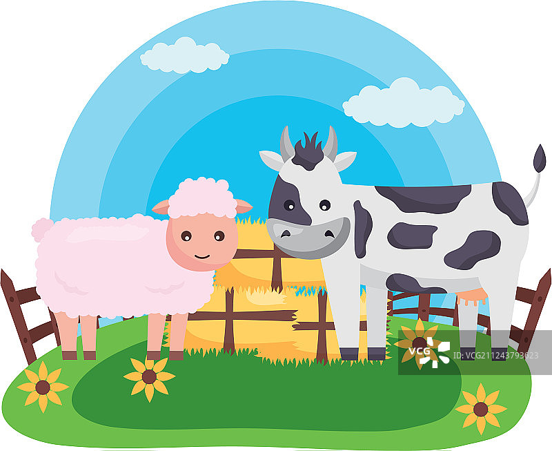 农场里的绵羊、牛和干草捆图片素材