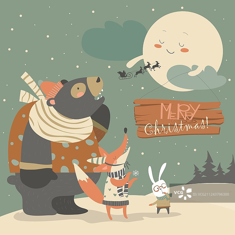 熊兔和狐狸在赏月图片素材