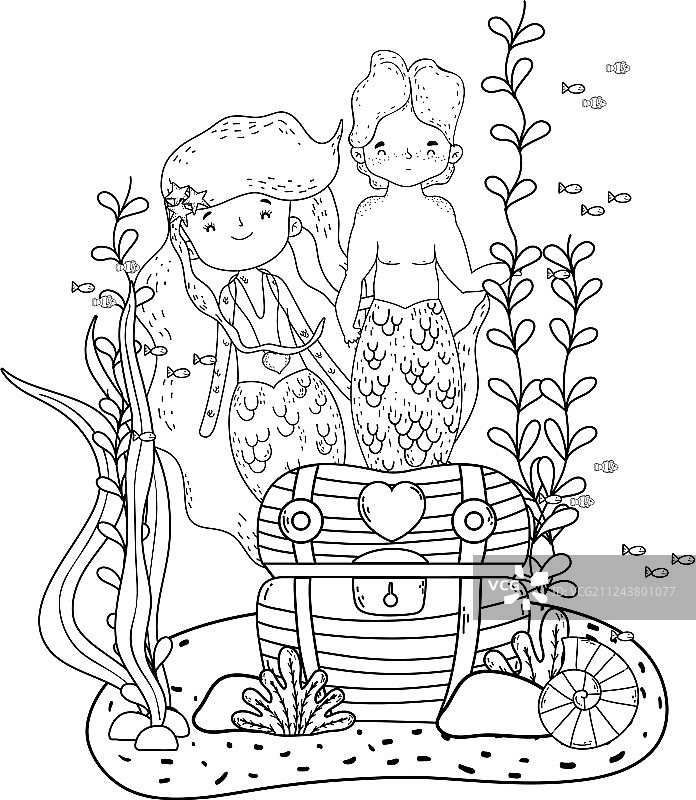 美人鱼情侣与海底宝箱图片素材