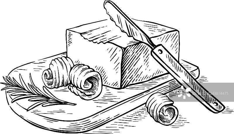 木制餐具上的手绘黄油卷图片素材