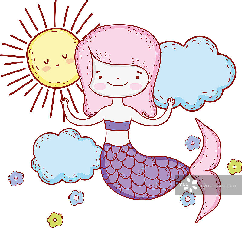 云朵和阳光下的可爱美人鱼图片素材