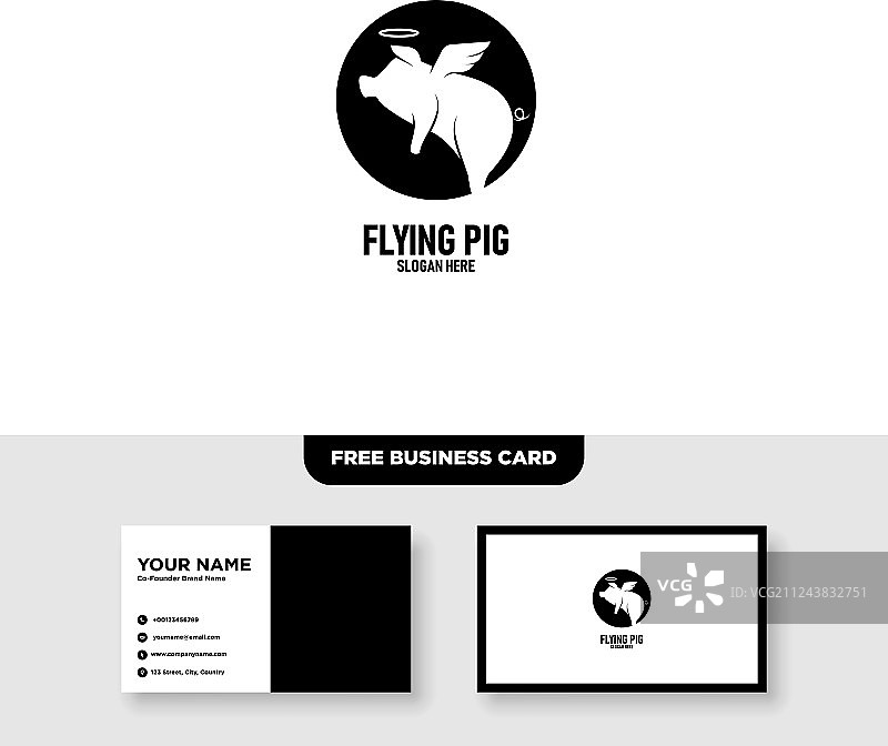 含免费名片样机的小猪Logo模版图片素材