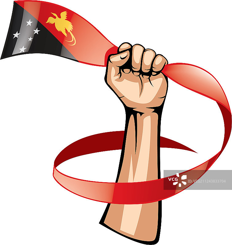 白色背景上的巴布亚新几内亚国旗和手图片素材