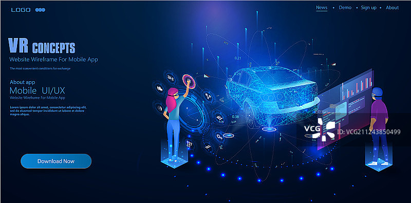 人们佩戴VR头显体验2.5D汽车图片素材