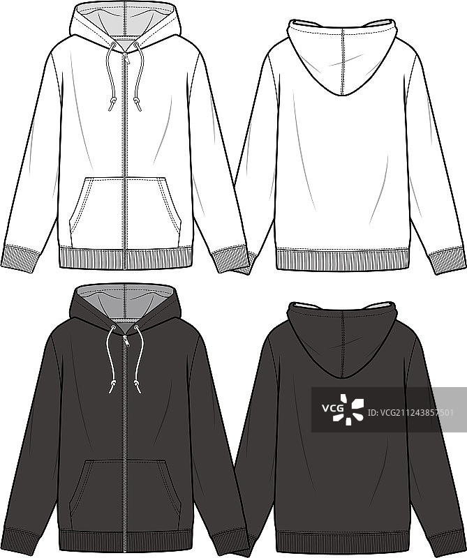 拉链连帽衫时尚平面草图模板图片素材