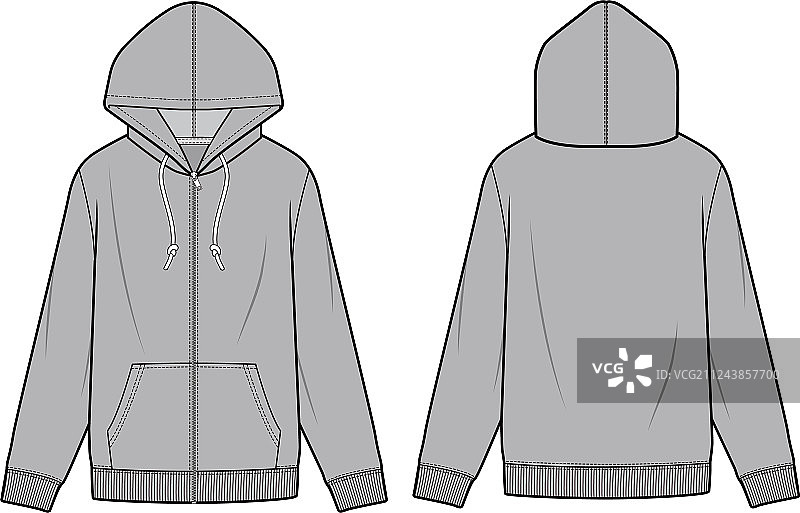拉链连帽衫时尚平面草图模板图片素材