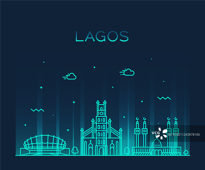 拉各斯（尼日利亚）城市线性风格天际线图片素材