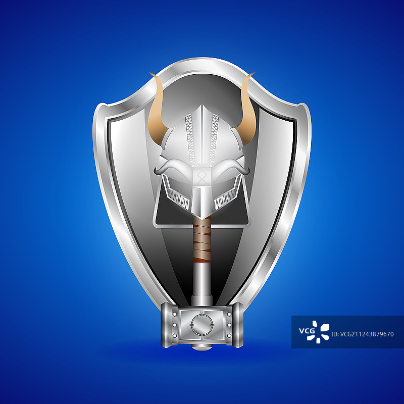 逼真银色头盔盾牌与锤子图片素材
