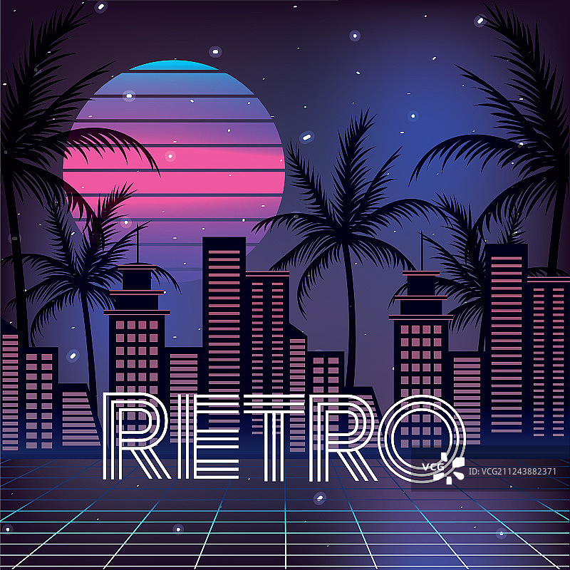 复古城市与棕榈树及几何太阳图片素材