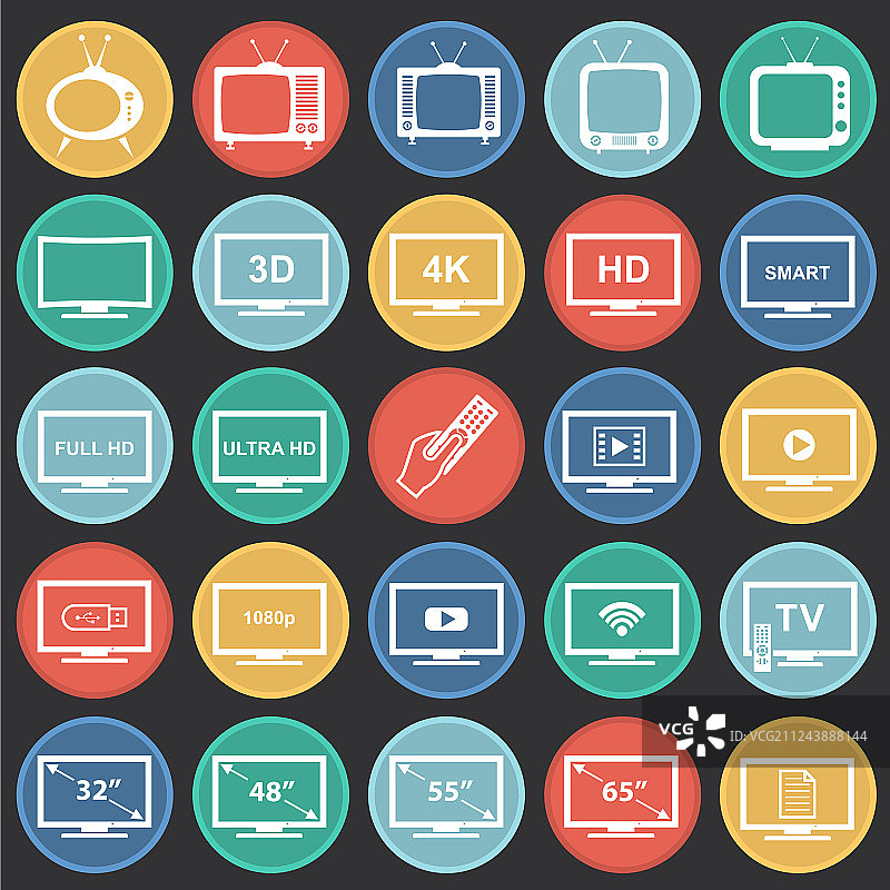 彩色圆圈黑色背景上的电视图标集图片素材