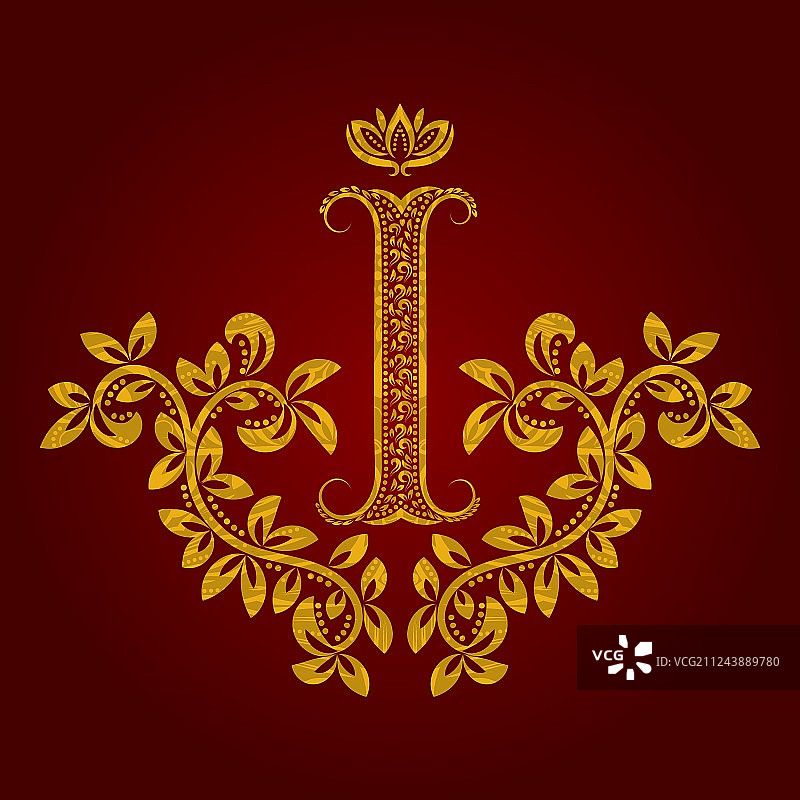 金色字母I复古花纹图案图片素材