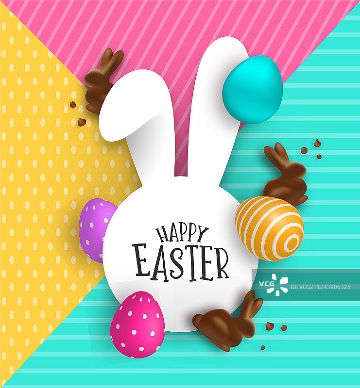 复活节纸质贺卡：巧克力兔子和3D彩蛋图片素材