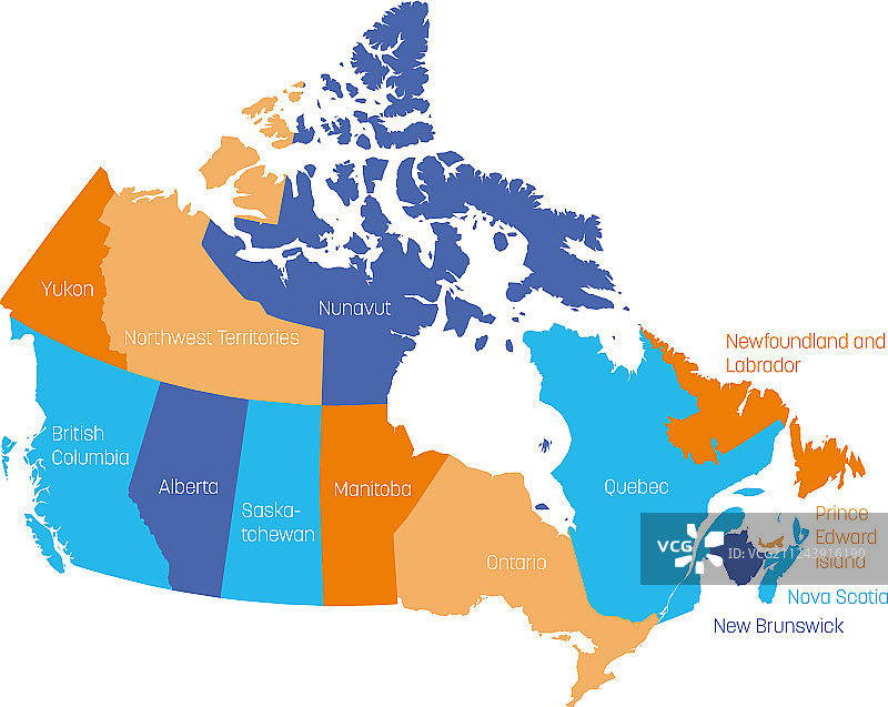 加拿大地图，分为10个省和3个地区图片素材
