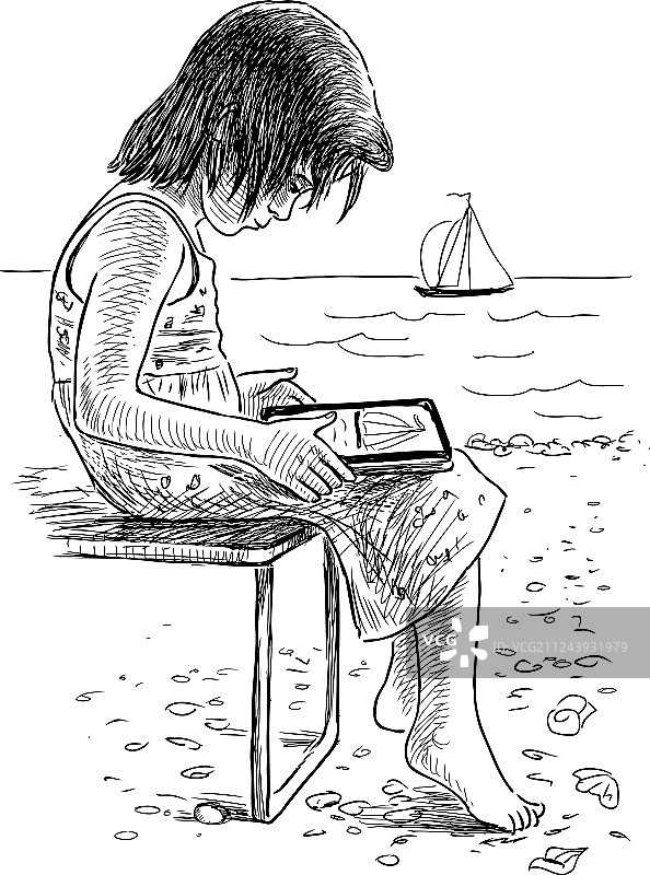 坐在海滩上的小女孩的素描图片素材