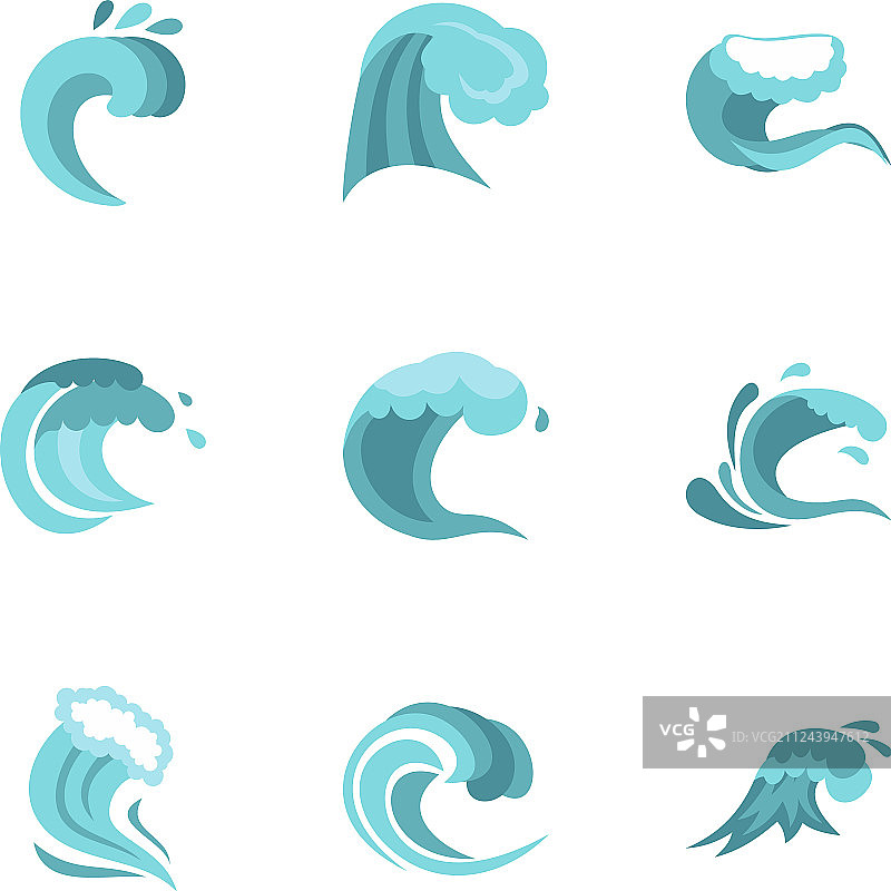 蓝色波浪图标集扁平风格图片素材