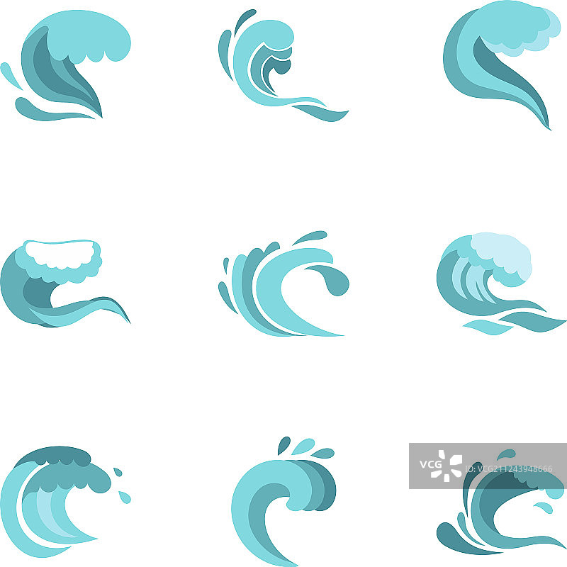 扁平风格的卷曲和断裂波浪图标集图片素材