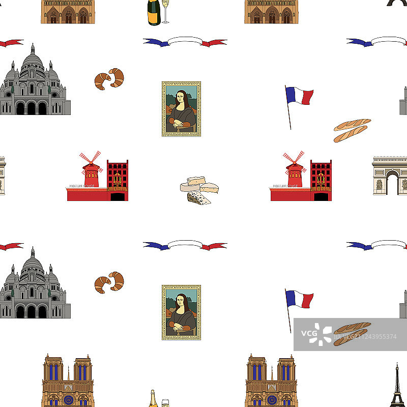 巴黎地标手绘无缝图案图片素材