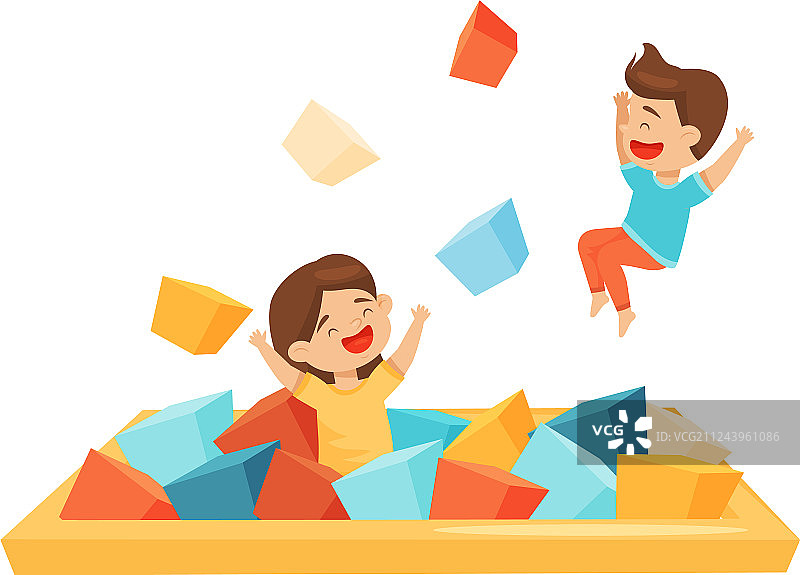 孩子们在装满软积木的游泳池里玩耍图片素材