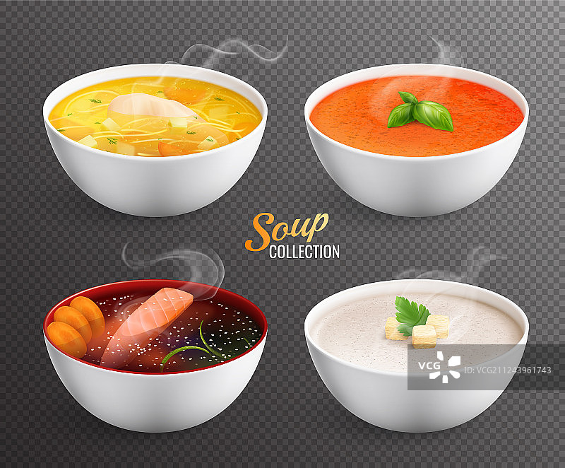 透明背景上的四碗热汤图片素材