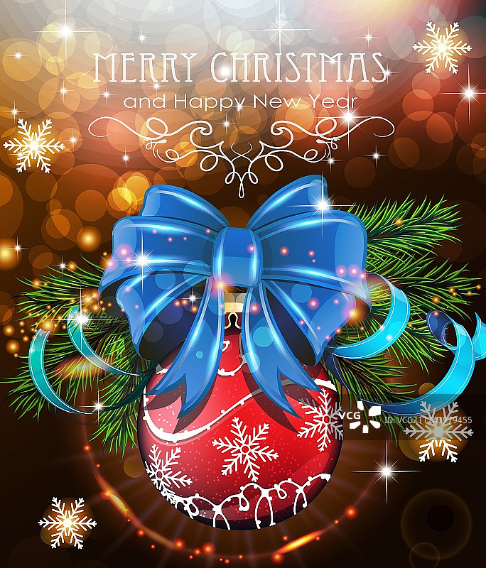 带有蓝色蝴蝶结和红色的圣诞树枝图片素材